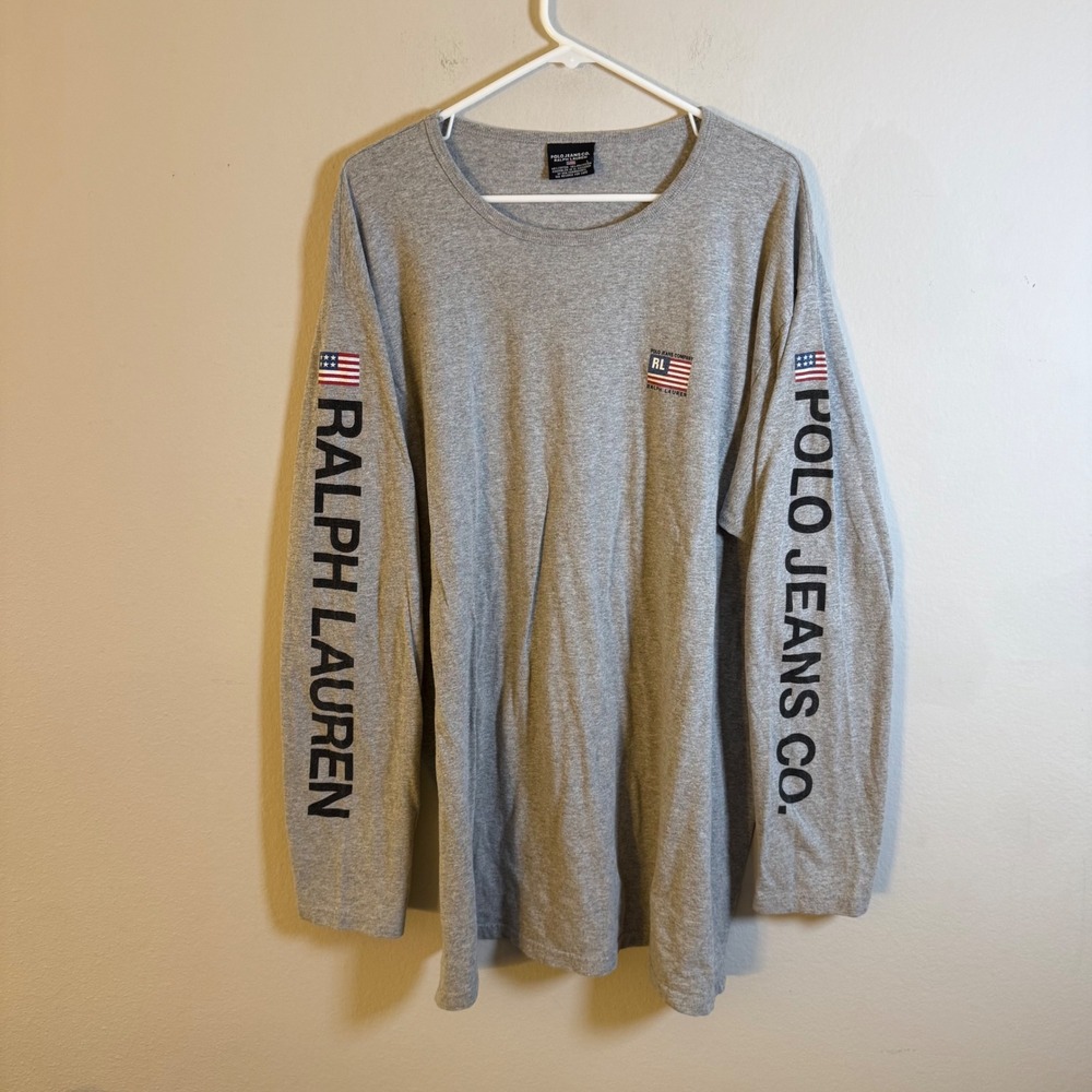Vintage Polo Jeans Co Ralph Lauren Gray Long Sleeve Graphic T-Shirt Mens Large
